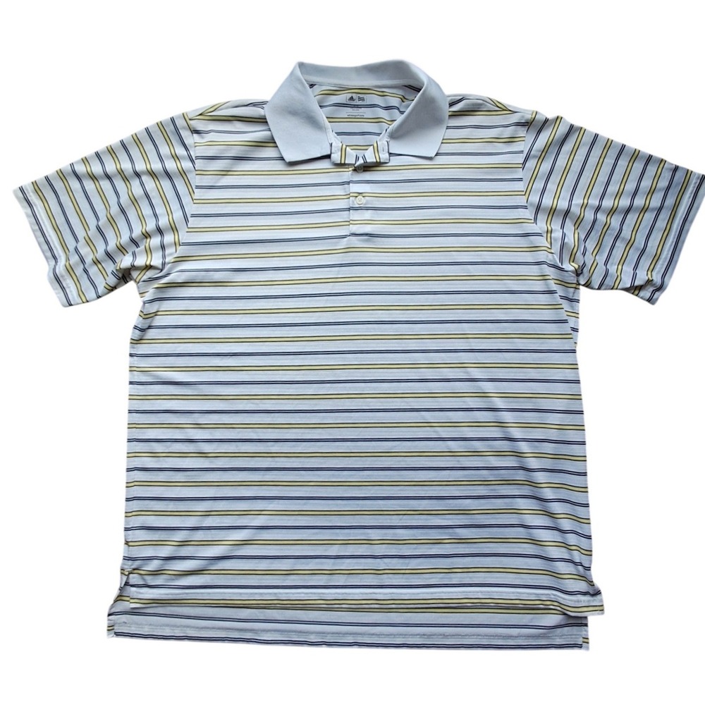 Adidas Golf Mens 2XL Striped Polo Shirt White Blue Yellow Short Sleeve RN 88387
